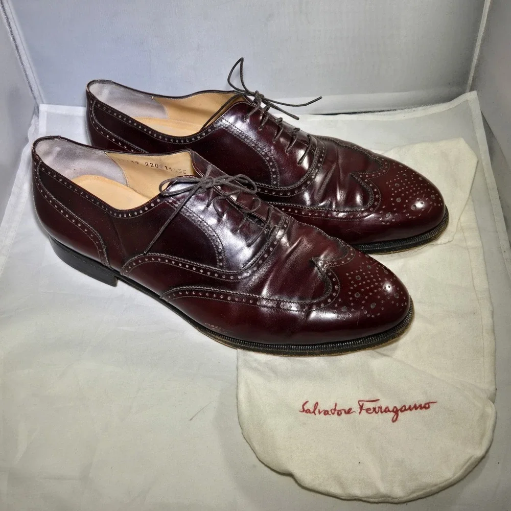 Salvatore Ferragamo Wingtip Mens 11.5 3E Burgandy Leather Oxford Shoes Italy